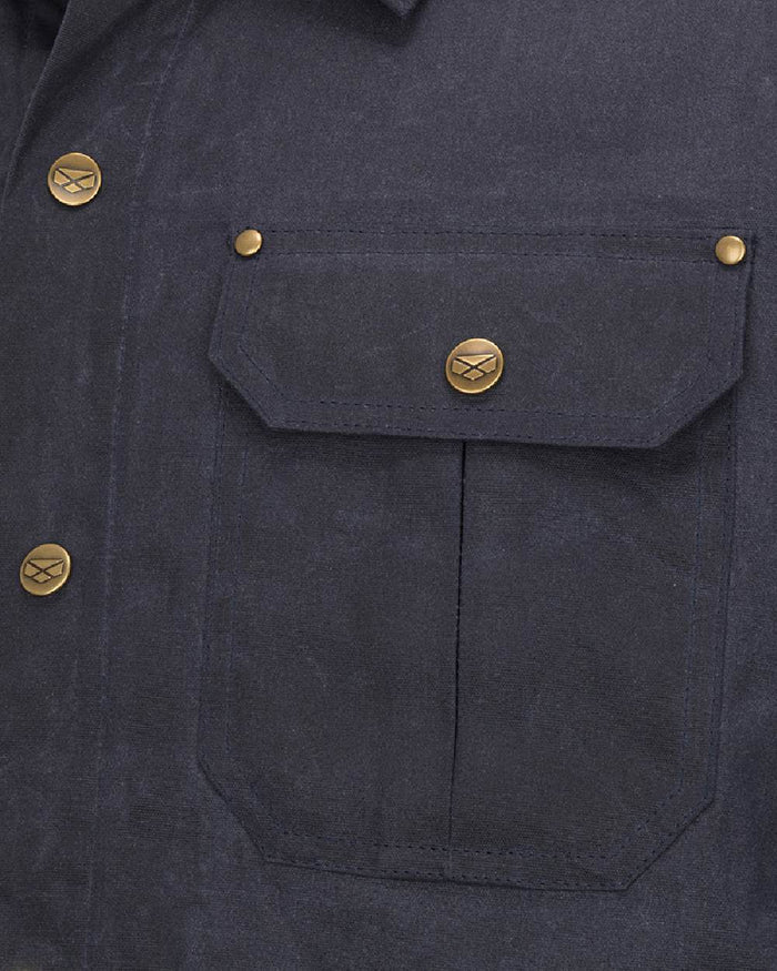 Midnight Navy Coloured Hoggs of Fife Mens Huntly Waxed Canvas Utility Overshirt on white background #colour_midnight-navy