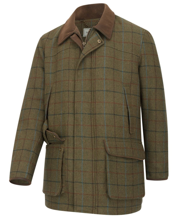 Green Blue coloured Hoggs of Fife Mens Kingussie Technical Tweed Field Coat on white background #colour_green-blue