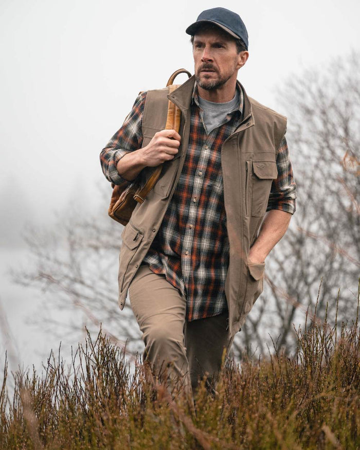 Khaki Coloured Hoggs of Fife Mens Rothesay Utility Gilet on lake background #colour_khaki