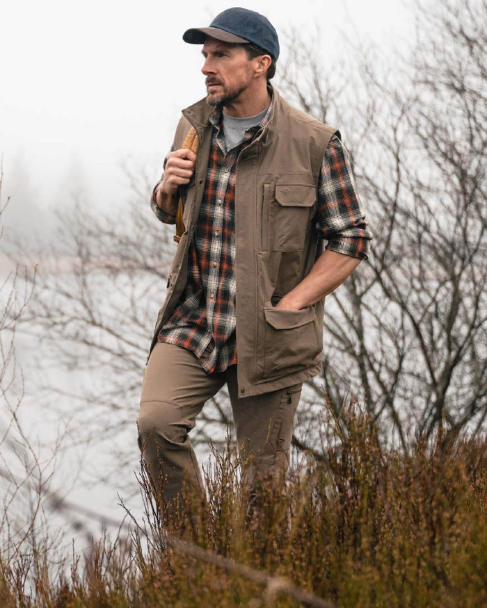Khaki Coloured Hoggs of Fife Mens Rothesay Utility Gilet on lake background #colour_khaki