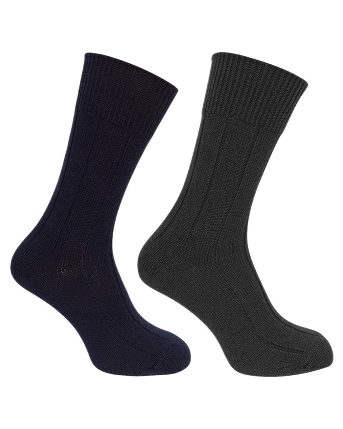 Navy Grey Coloured Hoggs of Fife Merino Brogue Country Socks Twin Pack on white background #colour_navy-grey