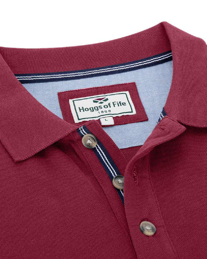 Burgundy Coloured Hoggs of Fife Mens Newton Pique Polo Shirt on white background #colour_burgundy