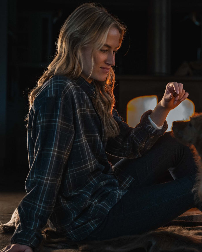 Blue Brown White coloured Hoggs of Fife Pitlessie Button Down Flannel Shirt on indoor background #colour_blue-brown-white