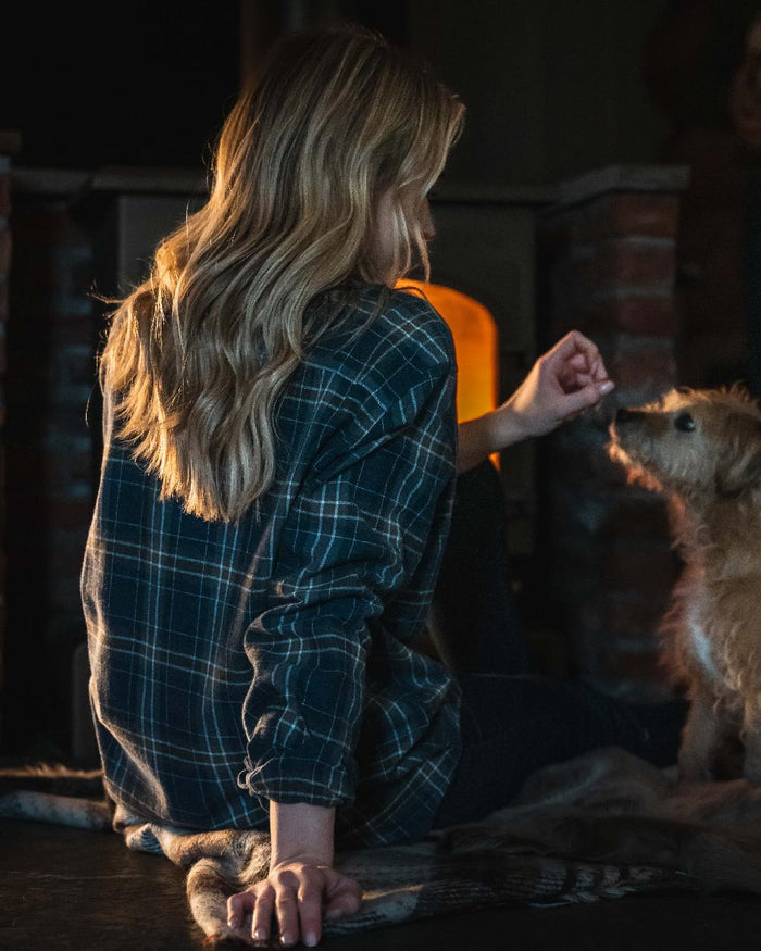 Blue Brown White coloured Hoggs of Fife Pitlessie Button Down Flannel Shirt on indoor background #colour_blue-brown-white