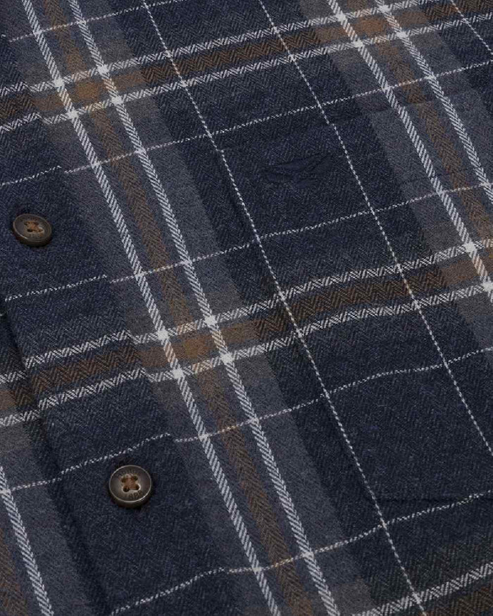 Blue Brown White coloured Hoggs of Fife Pitlessie Button Down Flannel Shirt on white background #colour_blue-brown-white