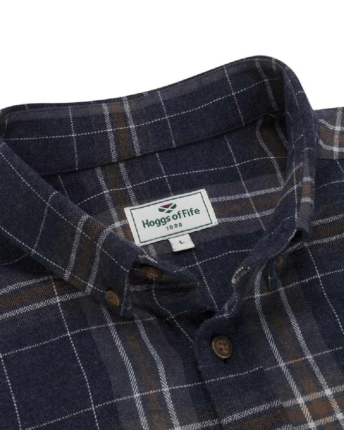 Blue Brown White coloured Hoggs of Fife Pitlessie Button Down Flannel Shirt on white background #colour_blue-brown-white