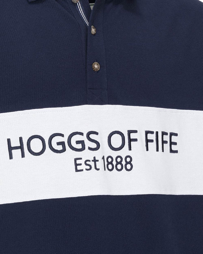 Navy Coloured Hoggs of Fife Mens Stewart Block Pique Polo Shirt on white background #colour_navy
