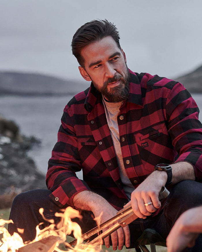Red Black coloured Hoggs of Fife Tentsmuir Flannel Shirt on lake background #colour_red-black
