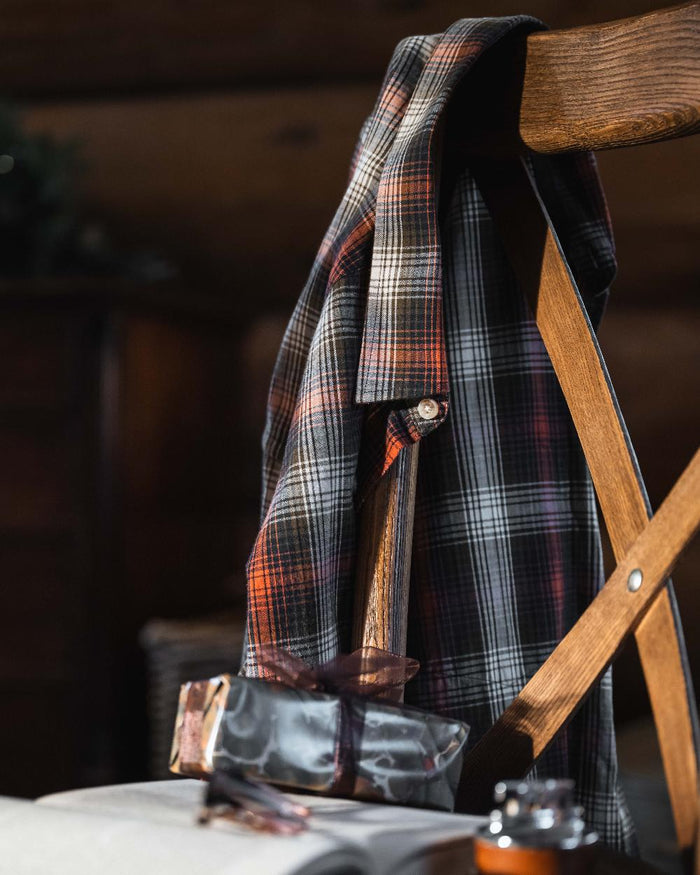 Rust Olive Navy coloured Hoggs of Fife Tiree Herringbone Check Shirt on indoor background #colour_rust-olive-navy