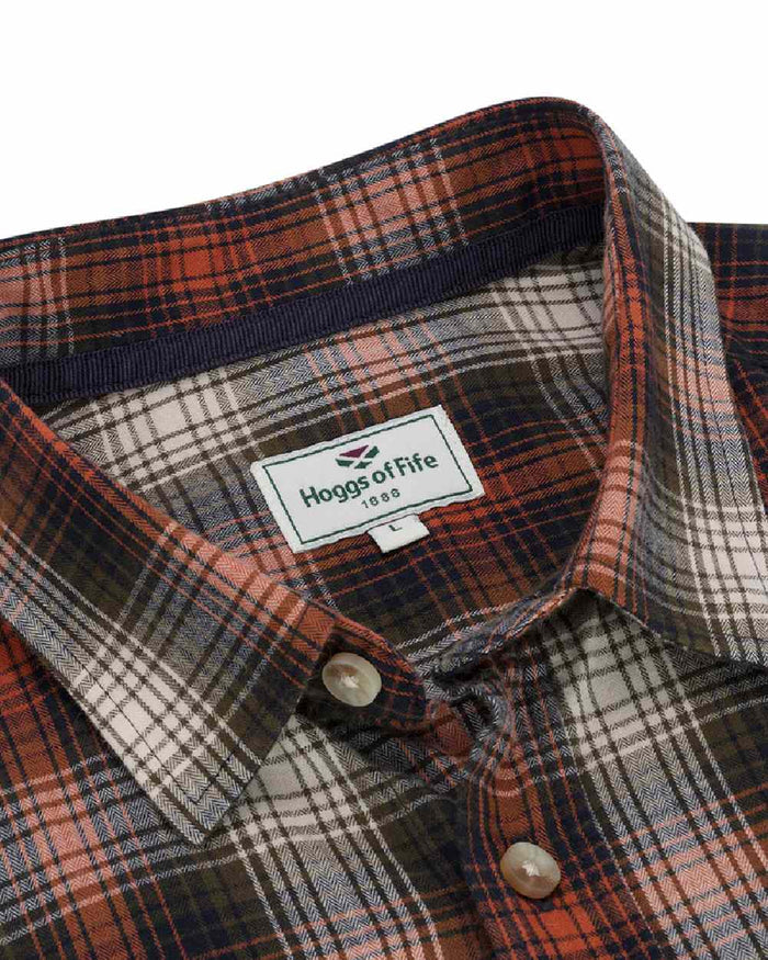 Rust Olive Navy coloured Hoggs of Fife Tiree Herringbone Check Shirt on white background #colour_rust-olive-navy
