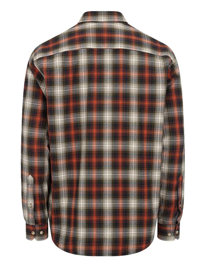 Rust Olive Navy coloured Hoggs of Fife Tiree Herringbone Check Shirt on white background #colour_rust-olive-navy