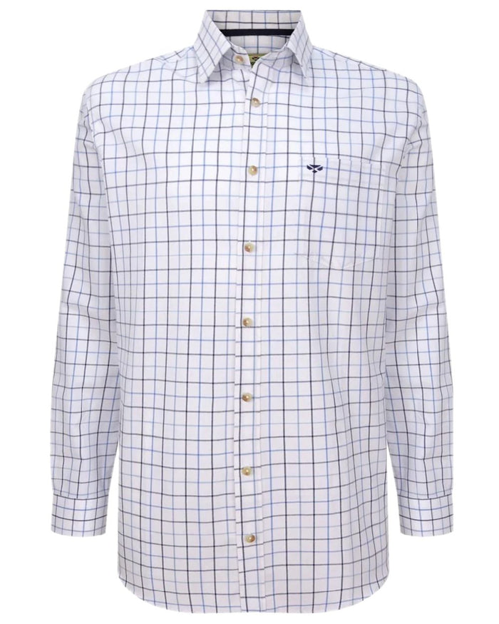 White Navy Check Coloured Hoggs of Fife Viscount Premier Tattersall Shirt on white background #colour_white-navy-check