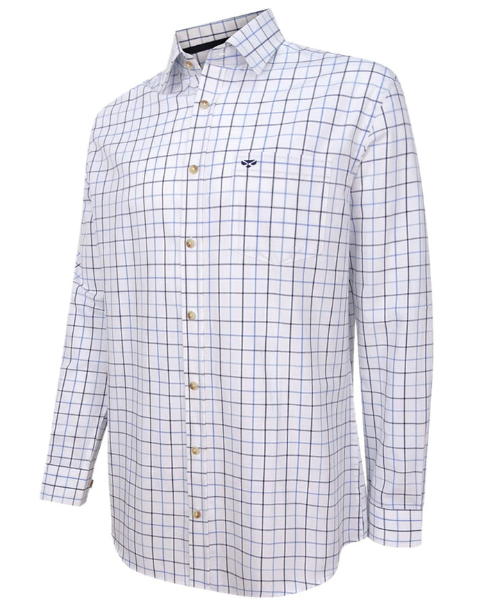White Navy Check Coloured Hoggs of Fife Viscount Premier Tattersall Shirt on white background #colour_white-navy-check