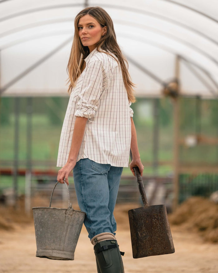 Purple Mineral Blue coloured Hoggs of Fife Womens Aberlady Tattersall Shirt on outdoor background #colour_purple-mineral-blue