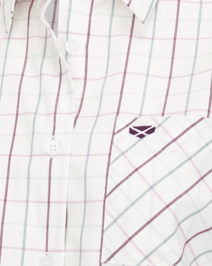 Purple Mineral Blue coloured Hoggs of Fife Womens Aberlady Tattersall Shirt on white background #colour_purple-mineral-blue