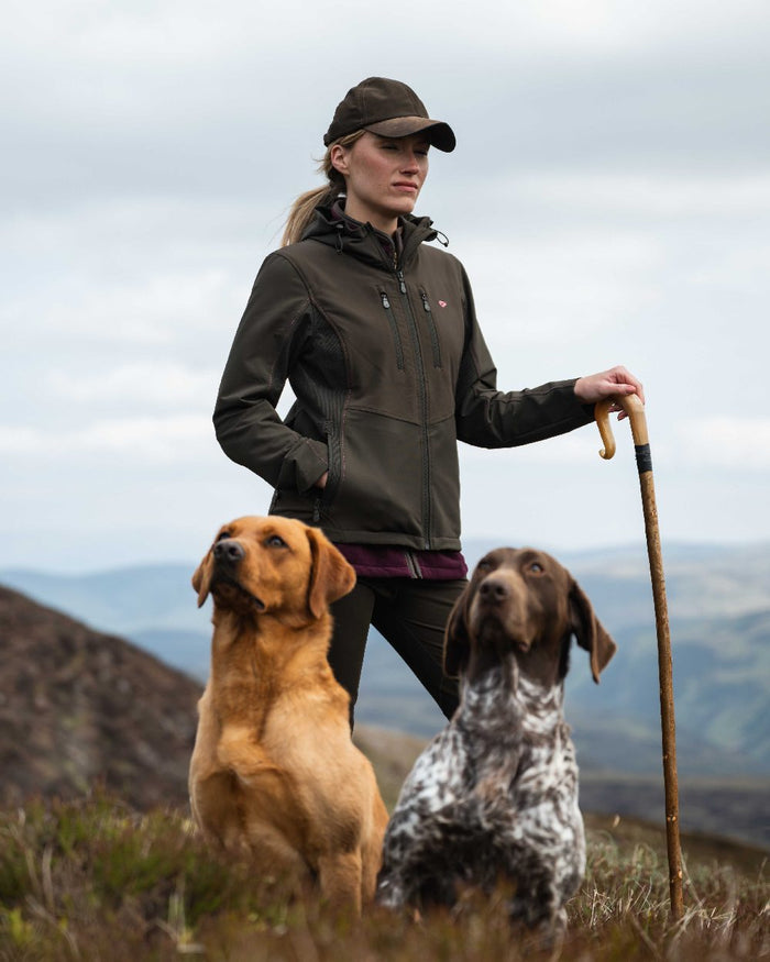 Green Coloured Hoggs of Fife Womens Ardross 4-Way Active Jacket on mountain background #colour_green