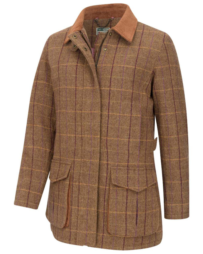 Bracken Blackberry coloured Hoggs of Fife Womens Eden Technical Tweed Field Coat on white background #colour_bracken-blackberry