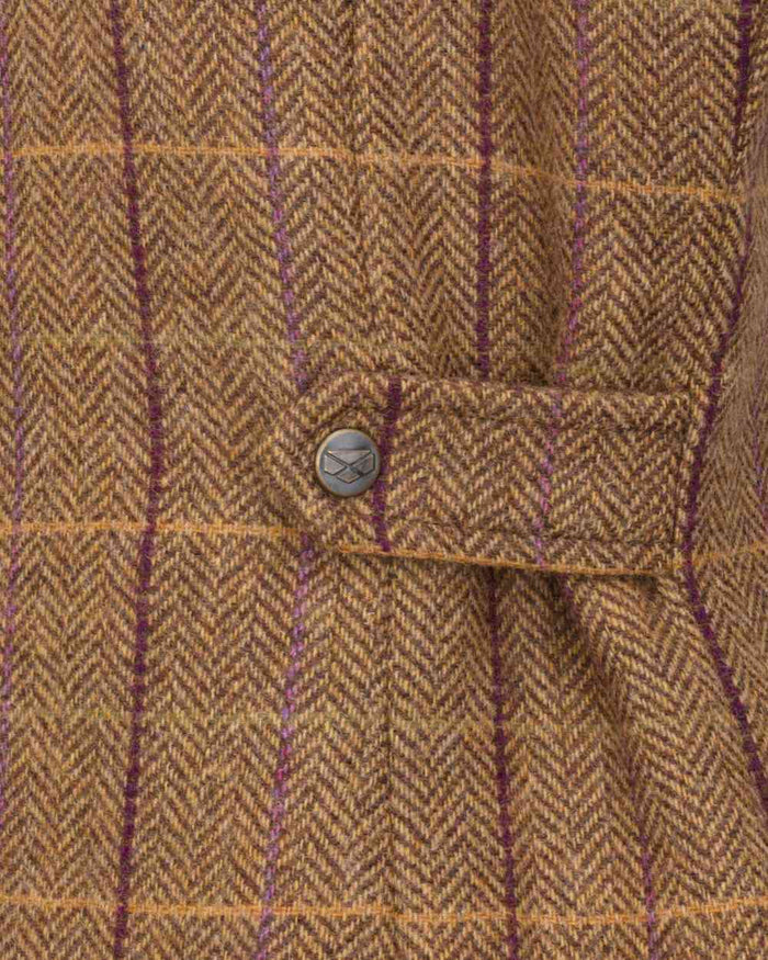 Bracken Blackberry coloured Hoggs of Fife Womens Eden Technical Tweed Field Coat on white background #colour_bracken-blackberry
