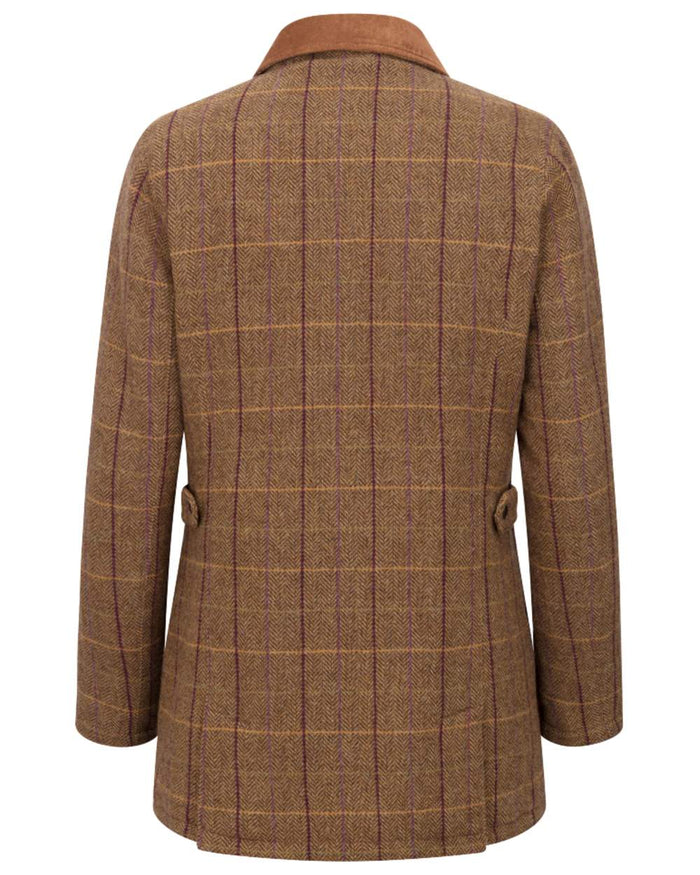 Bracken Blackberry coloured Hoggs of Fife Womens Eden Technical Tweed Field Coat on white background #colour_bracken-blackberry