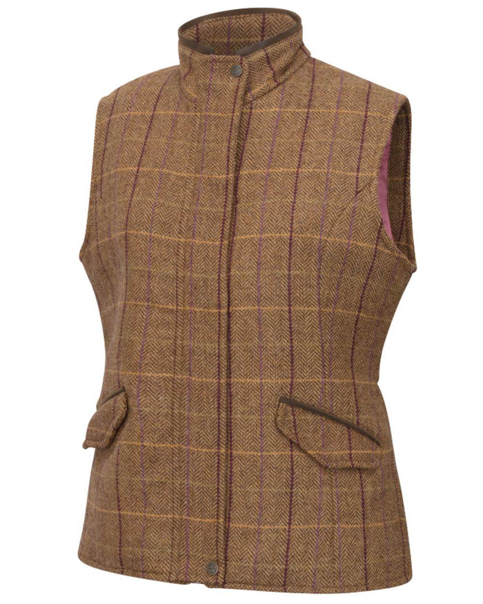 Bracken Blackberry coloured Hoggs of Fife Womens Eden Technical Tweed Gilet on white background #colour_bracken-blackberry