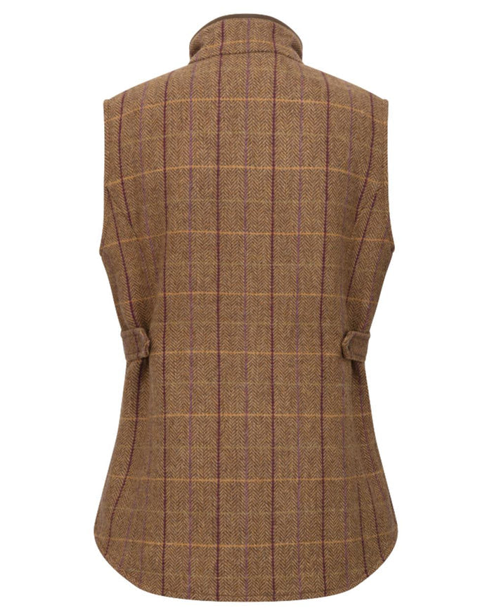 Bracken Blackberry coloured Hoggs of Fife Womens Eden Technical Tweed Gilet on white background #colour_bracken-blackberry