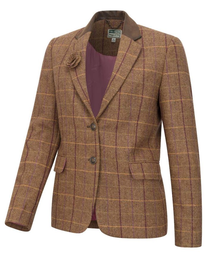 Bracken Blackberry coloured Hoggs of Fife Womens Eden Tweed Hacking Jacket on white background #colour_bracken-blackberry