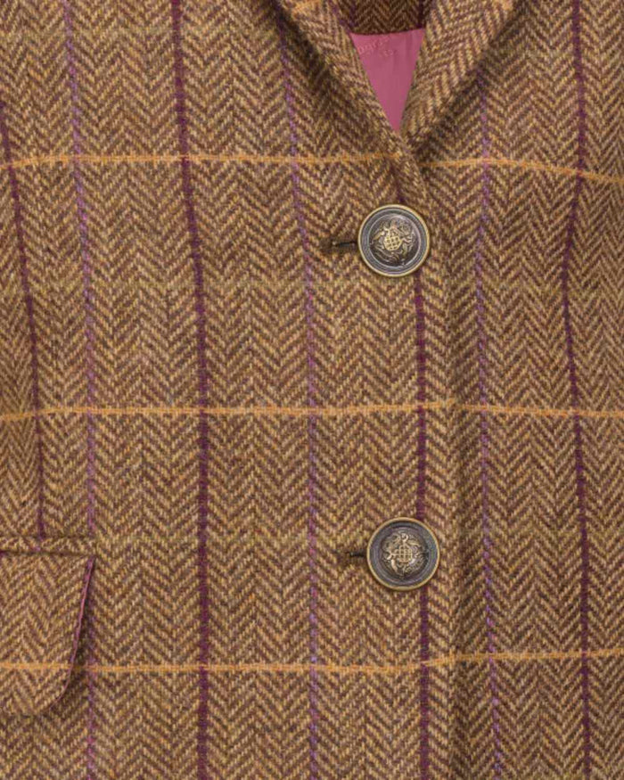 Bracken Blackberry coloured Hoggs of Fife Womens Eden Tweed Hacking Jacket on white background #colour_bracken-blackberry
