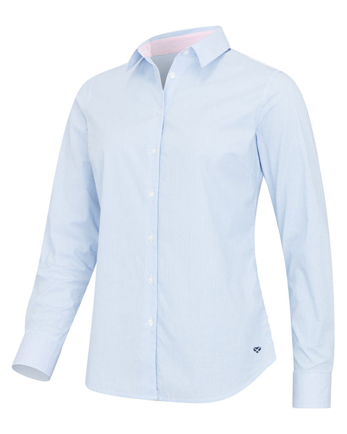 Blue White Coloured Hoggs of Fife Womens Ingliston Stretch Stripe Shirt on white background #colour_blue-white