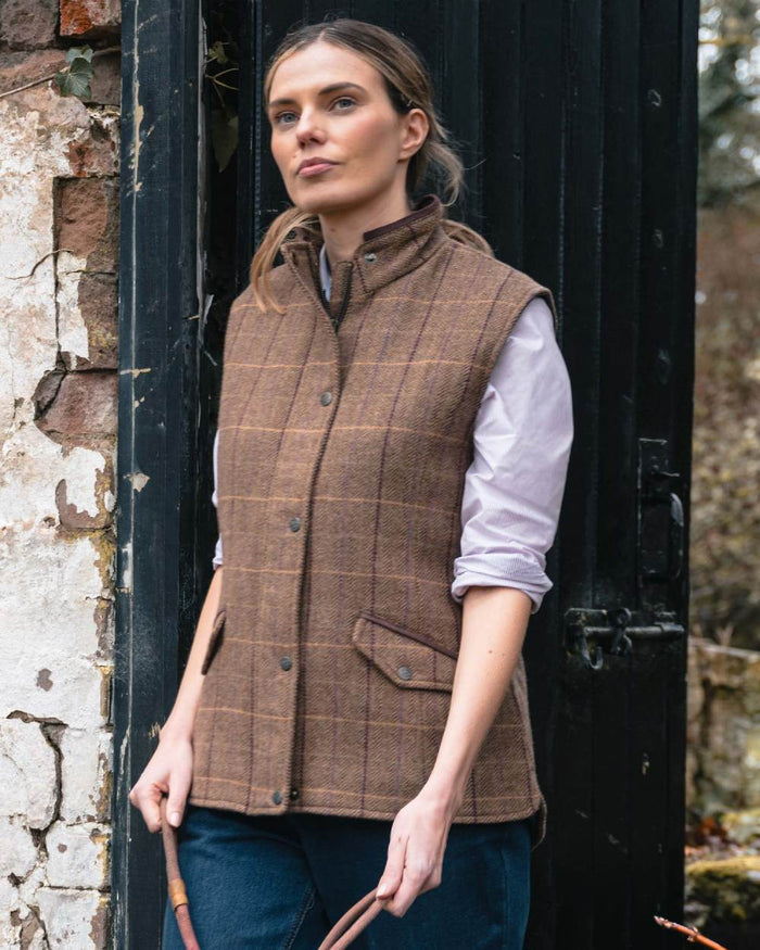 Pink White Coloured Hoggs of Fife Womens Ingliston Stretch Stripe Shirt on outdoor background #colour_pink-white