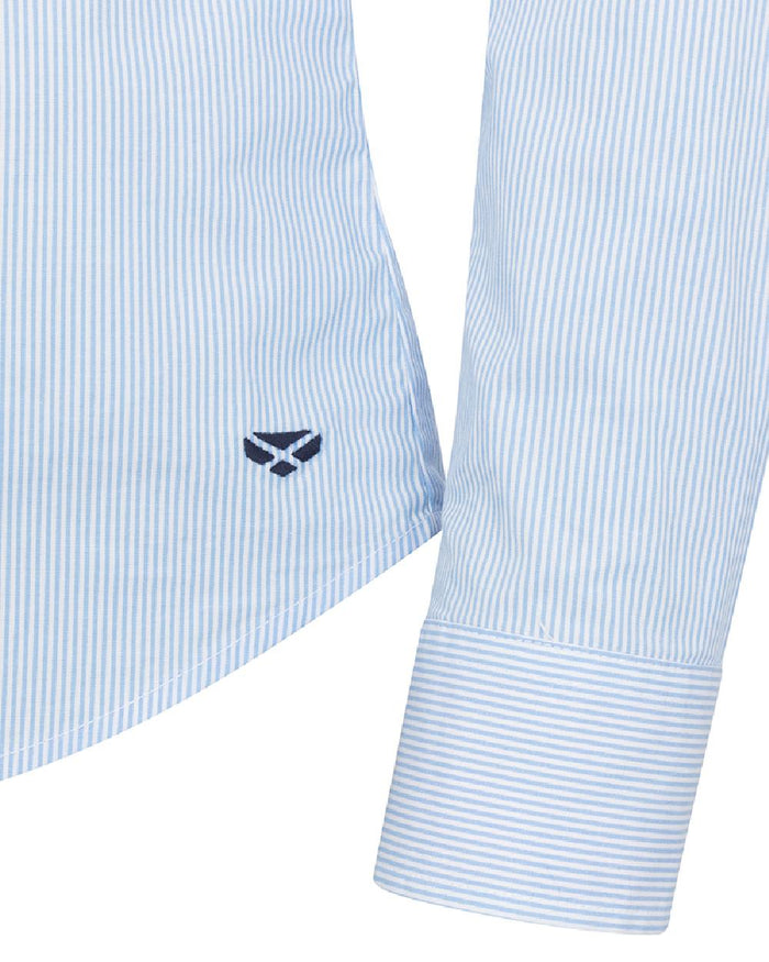 Blue White Coloured Hoggs of Fife Womens Ingliston Stretch Stripe Shirt on white background #colour_blue-white