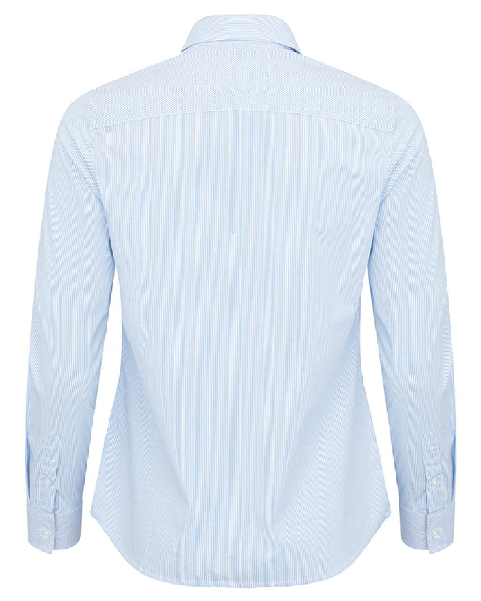 Blue White Coloured Hoggs of Fife Womens Ingliston Stretch Stripe Shirt on white background #colour_blue-white