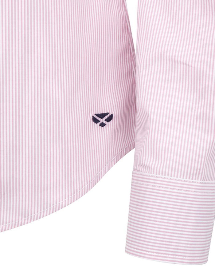 Pink White coloured Hoggs of Fife Womens Ingliston Stretch Stripe Shirt on white background #colour_pink-white