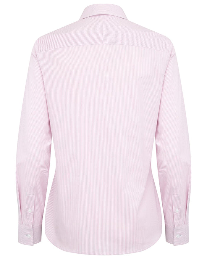Pink White coloured Hoggs of Fife Womens Ingliston Stretch Stripe Shirt on white background #colour_pink-white