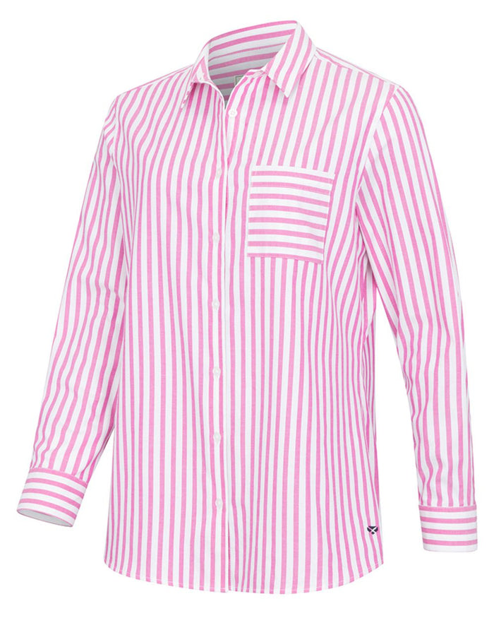 Berry Coloured Hoggs of Fife Womens Sophia Oversized Stripe Shirt on white background #colour_berry