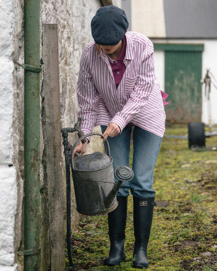Berry Coloured Hoggs of Fife Womens Sophia Oversized Stripe Shirt on outdoor background #colour_berry