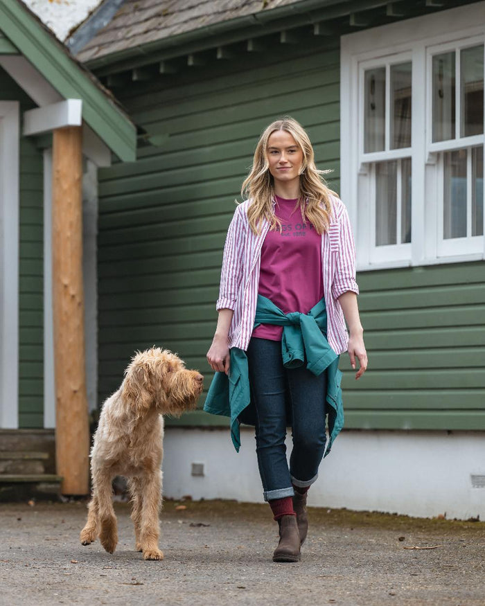Berry Coloured Hoggs of Fife Womens Sophia Oversized Stripe Shirt on outdoor background #colour_berry