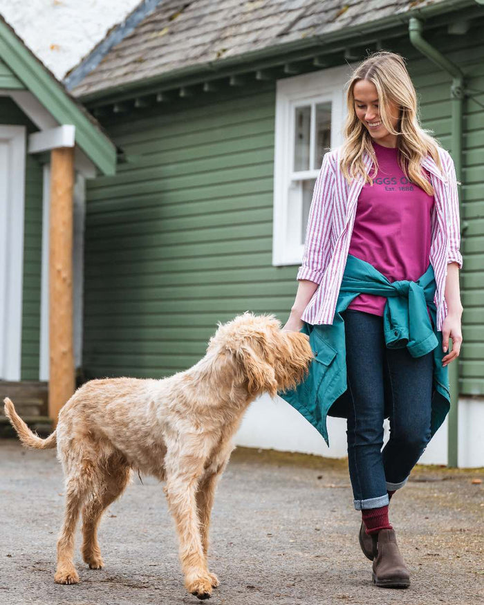 Berry Coloured Hoggs of Fife Womens Sophia Oversized Stripe Shirt on outdoor background #colour_berry