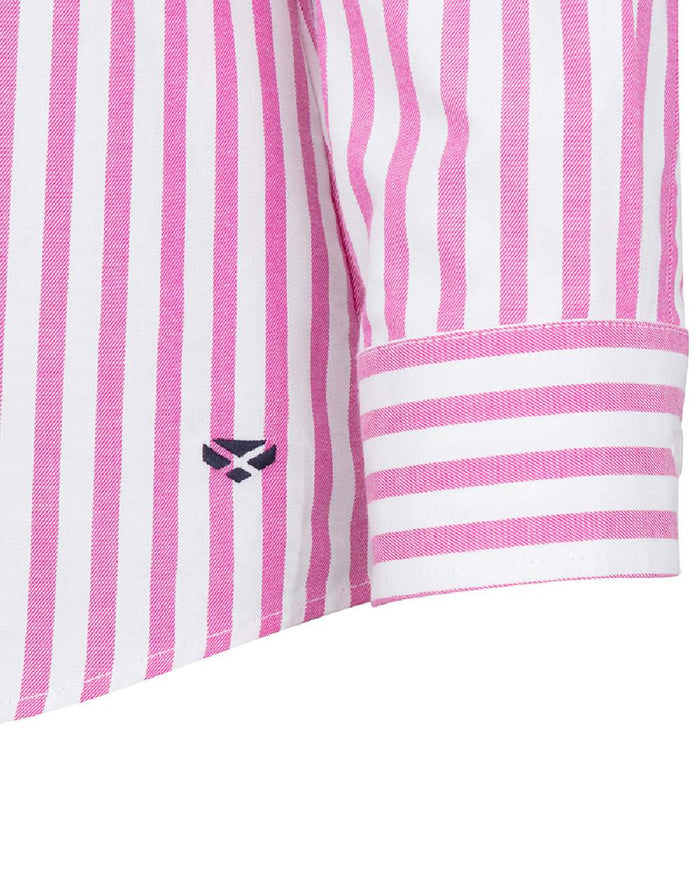 Berry Coloured Hoggs of Fife Womens Sophia Oversized Stripe Shirt on white background #colour_berry