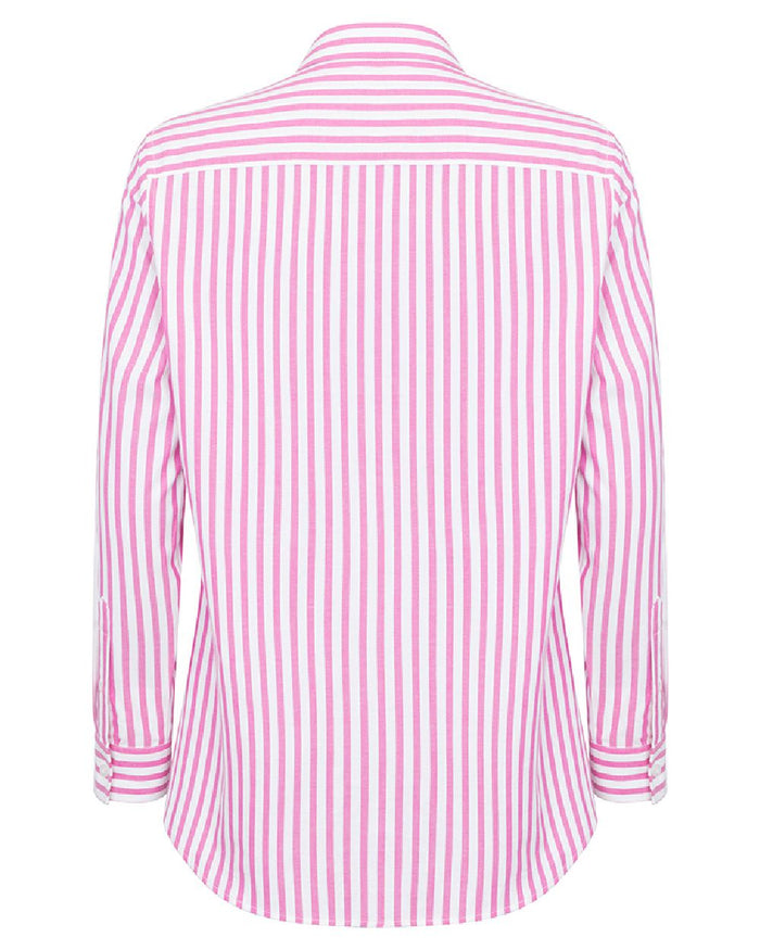 Berry Coloured Hoggs of Fife Womens Sophia Oversized Stripe Shirt on white background #colour_berry