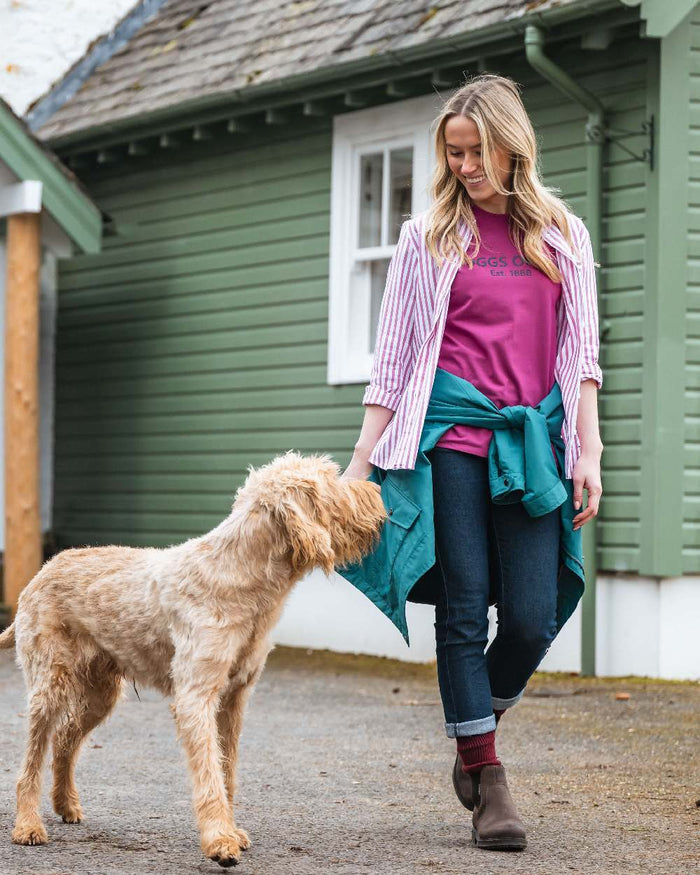 Berry Coloured Hoggs of Fife Womens Stella Printed T-Shirt on outdoor background #colour_berry