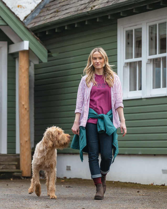 Berry Coloured Hoggs of Fife Womens Stella Printed T-Shirt on outdoor background #colour_berry