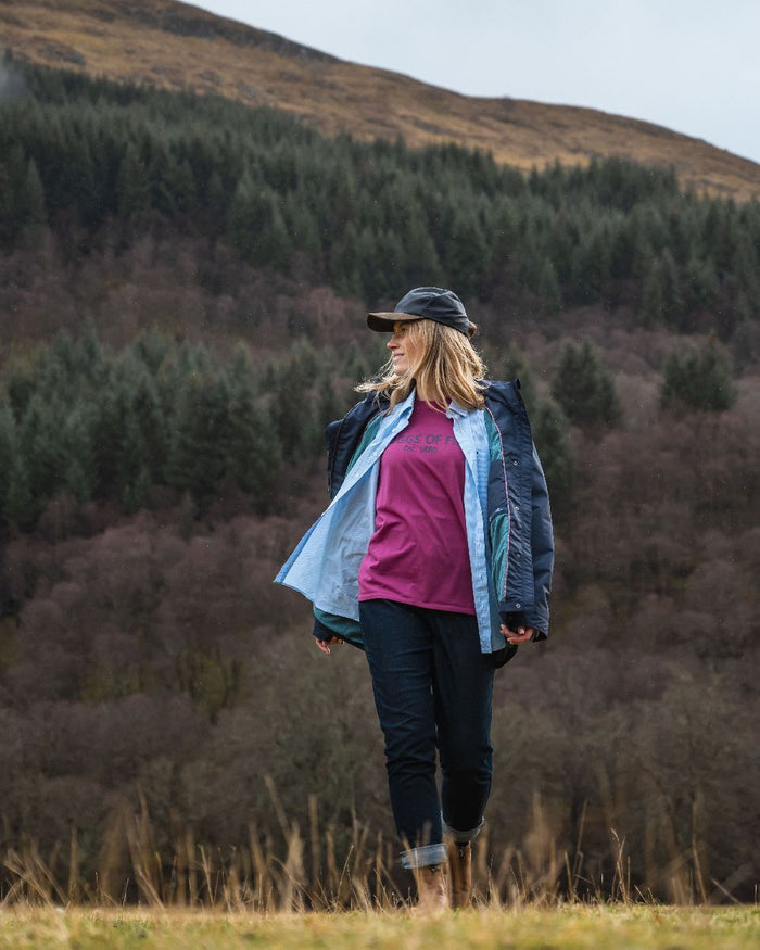 Berry Coloured Hoggs of Fife Womens Stella Printed T-Shirt on mountain background #colour_berry