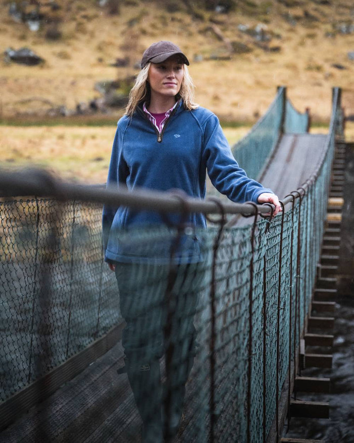 Nordic Blue Coloured Hoggs of Fife Womens Stenton Quarter Zip Fleece on mountain background #colour_nordic-blue