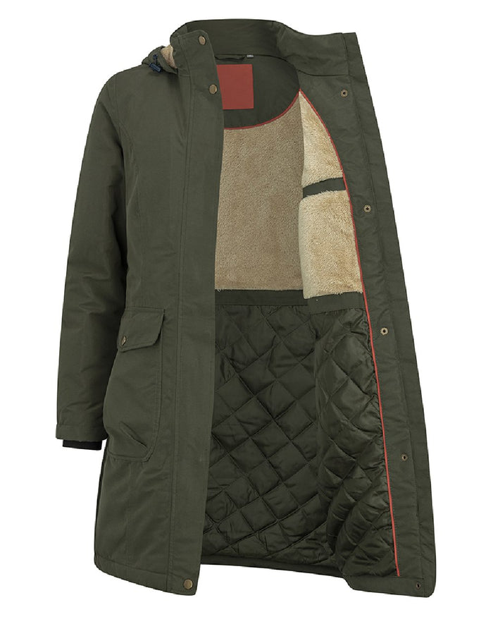 Green coloured Hoggs of Fife Womens Walker Long Coat on white background #colour_green