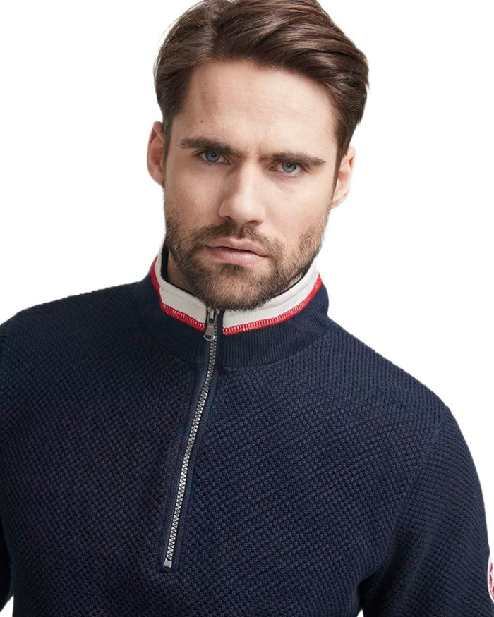 Navy Coloured Holebrook Mens Classic Knitted Windproof Sweater on white background #colour_navy