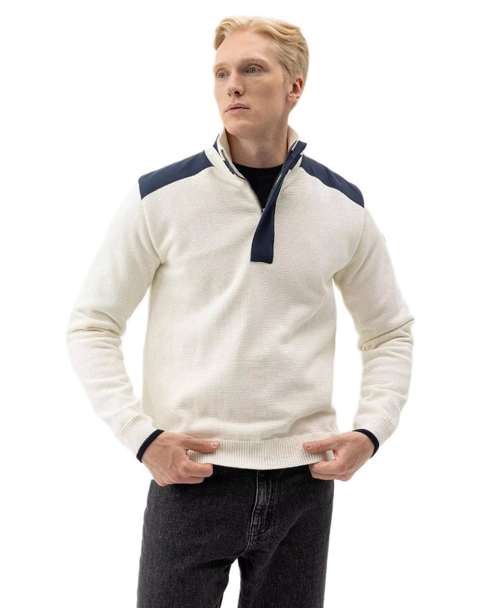 Off White Coloured Holebrook Mens Eskil T-Neck Knitted Windproof Sweater on white background #colour_off-white