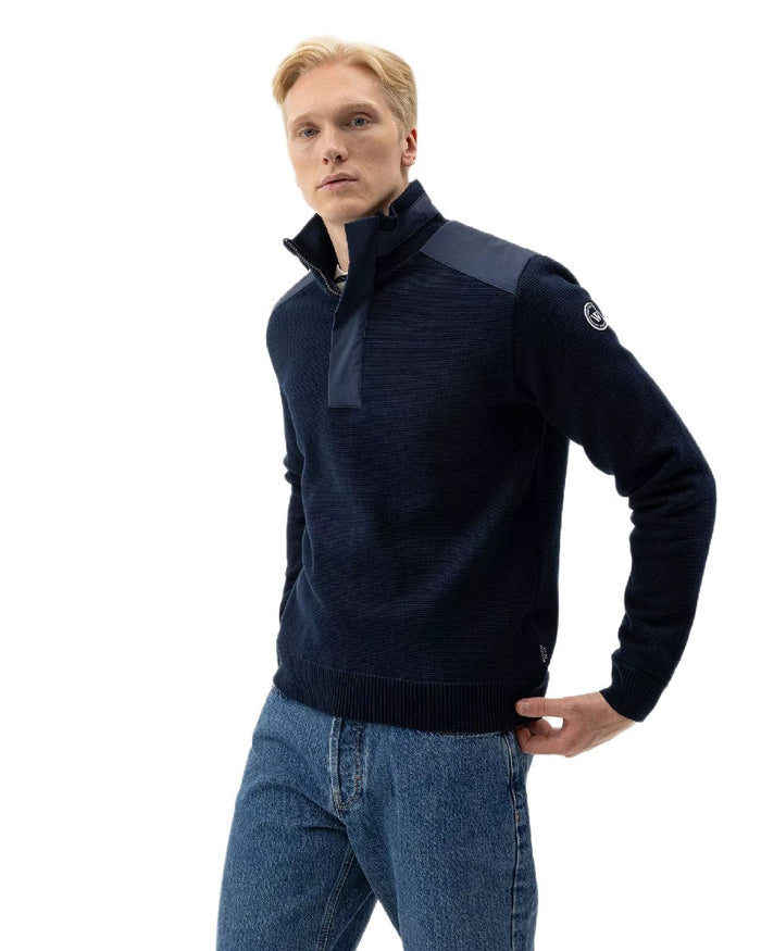 Navy Coloured Holebrook Mens Eskil T-Neck Knitted Windproof Sweater on white background #colour_navy