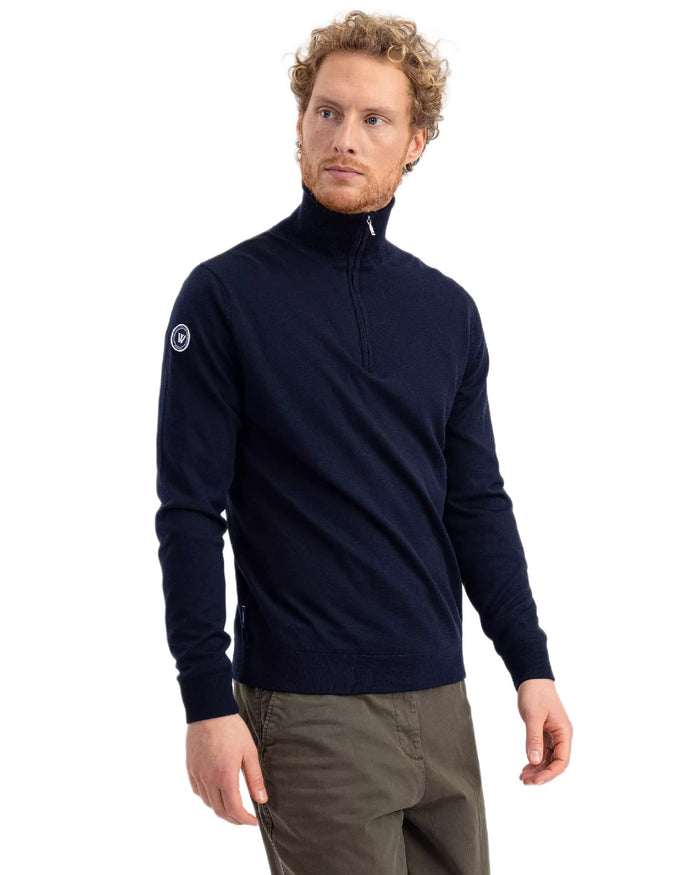 Dark Navy Coloured Holebrook Mens Jesper T-neck Knitted Windproof Sweater on white background #colour_dark-navy