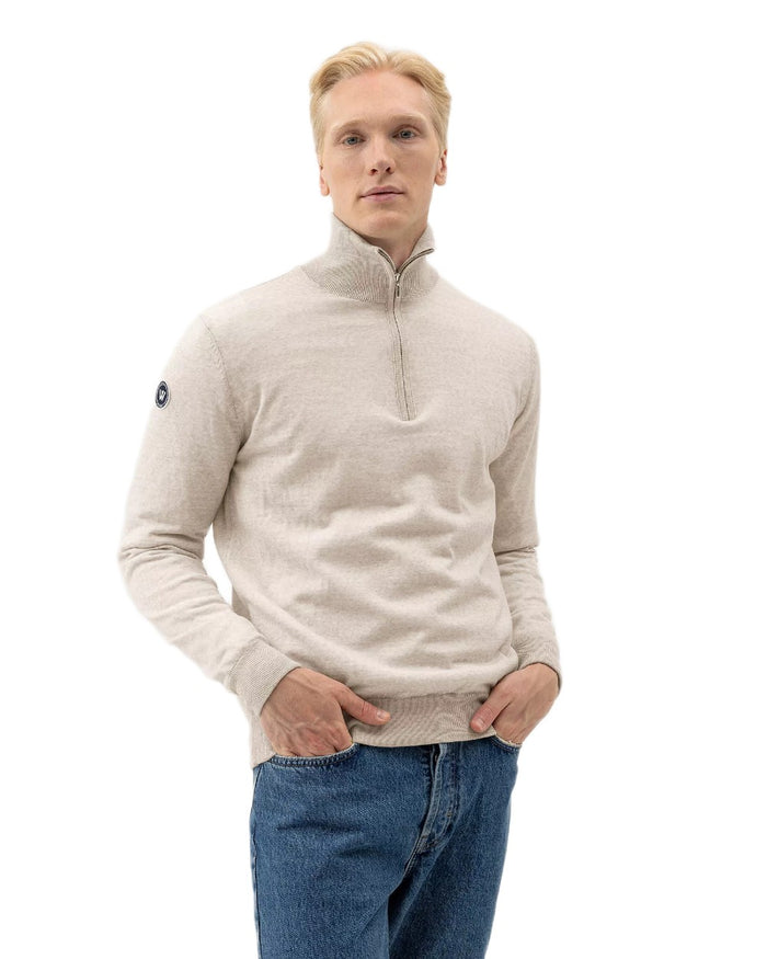 Sand Melange Coloured Holebrook Mens Jesper T-neck Knitted Windproof Sweater on white background #colour_sand-melange