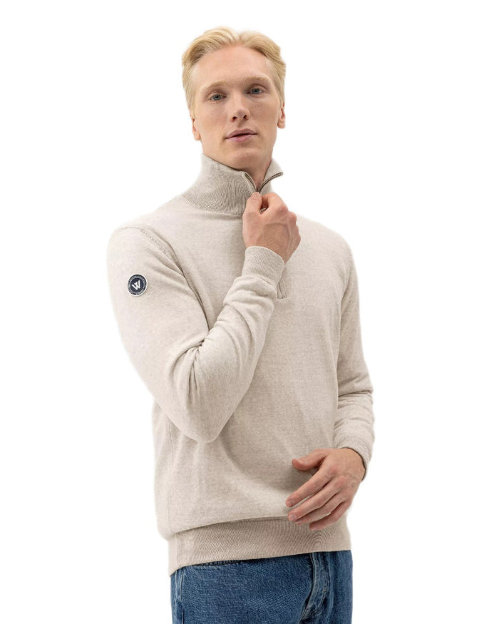 Sand Melange Coloured Holebrook Mens Jesper T-neck Knitted Windproof Sweater on white background #colour_sand-melange